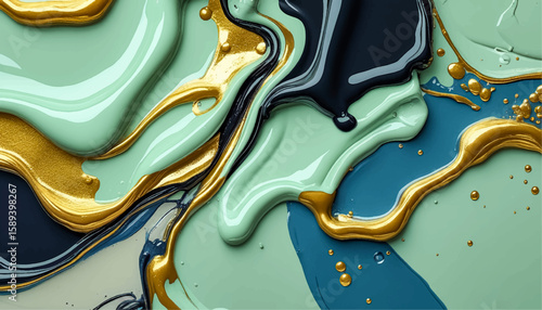 Turquoise and gold volumetric abstract brush strokes paint drips