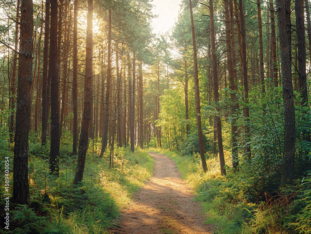 Fototapeta premium Serene Forest Pathway in the Morning Light Surrounded by Trees
