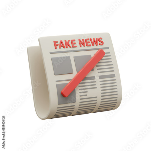 3D Render of Beige Newspaper with Red Diagonal Mark Across Fake News Headline on Transparent Background