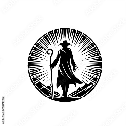 A shepherd stands silhouetted against the sun in a mountainous landscape