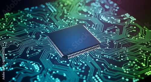 Abstract Close-Up of a Microchip on a Circuit Board with Glowing Green and Teal Traces