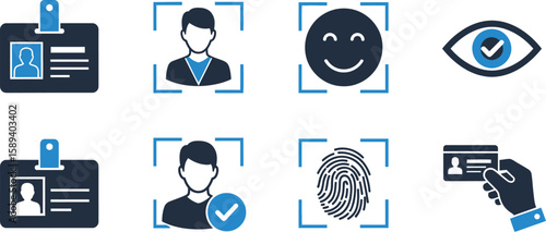 Biometric identification vector icons feature face recognition, fingerprint scan, and secure access eye verification on a transparent background.
