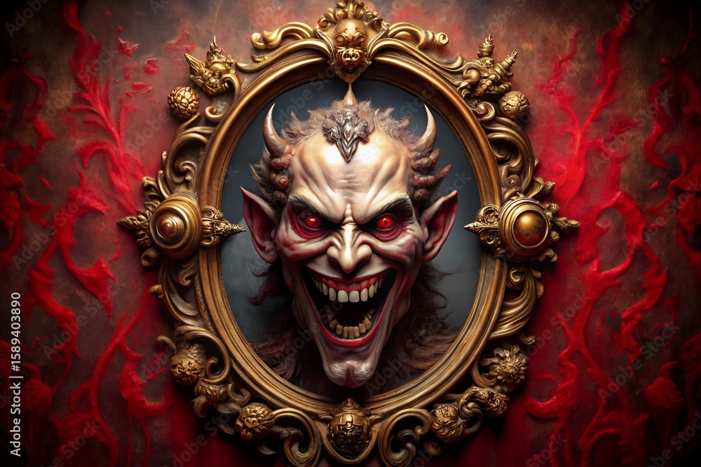 Obraz premium Ornate Haunted Mirror with Demonic Reflection – Gothic Gold Frame on Deep Crimson Background