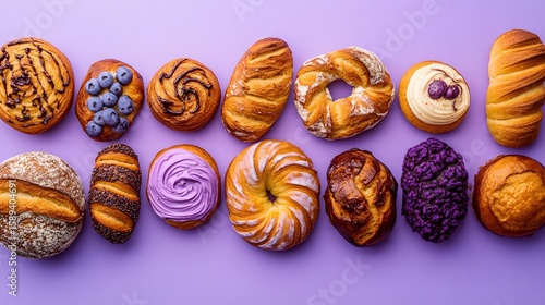 Assorted Delicious Baked Goods Purple Background Sweet Breads