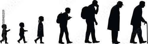 Human growth stages, silhouette progression, life cycle, aging process, timeline concept, child to elderly, Adobe Stock, vector design, age evolution, development chart, minimal illustration