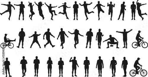Silhouettes of people, various poses, dynamic activities, walking, biking, dancing, jumping, vector design, human figures, creative illustrations, black shadows