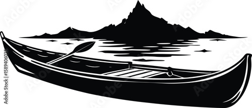 black canoe on water with mountains clip art preview