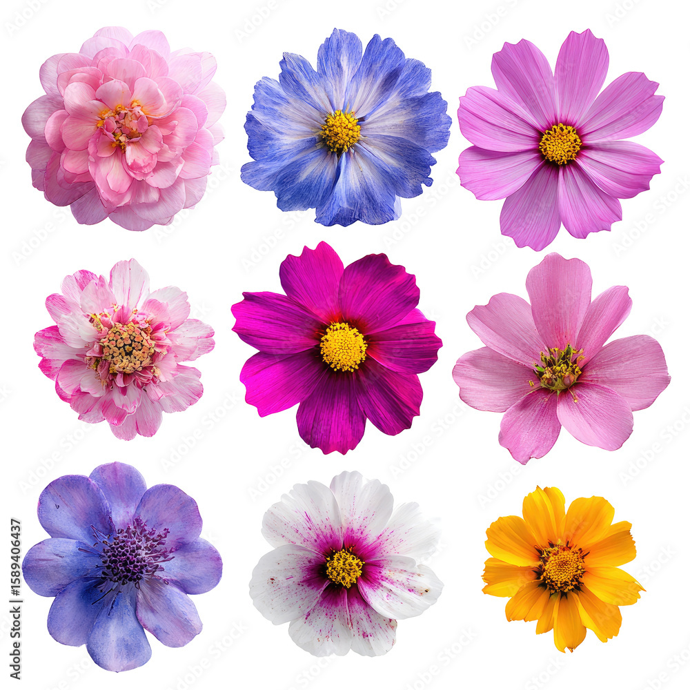 Nine colorful flowers, close-up, vibrant hues, isolated on black Nine colorful flowers, close-up, vibrant hues, isolated on black
