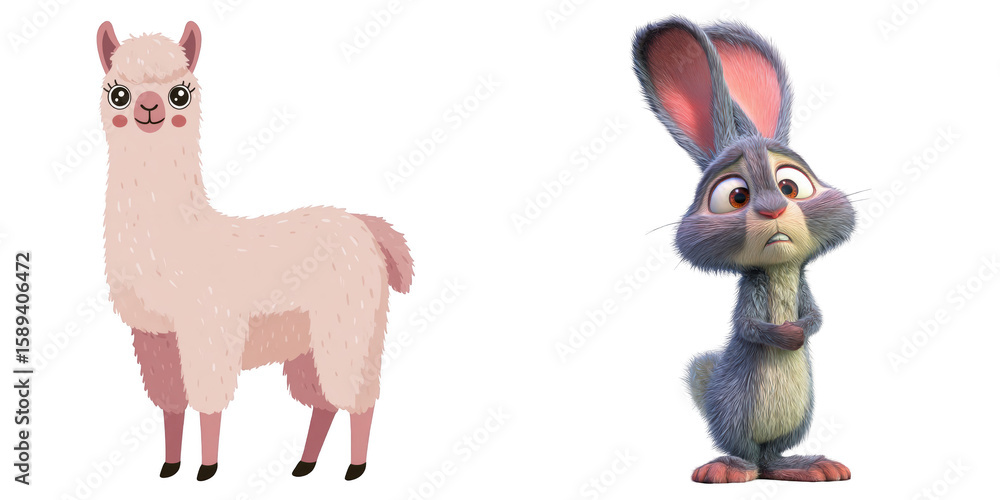 Fototapeta premium Cartoon Characters Side by Side, a Playful Pink Llama and a Concerned Gray Rabbit on White.