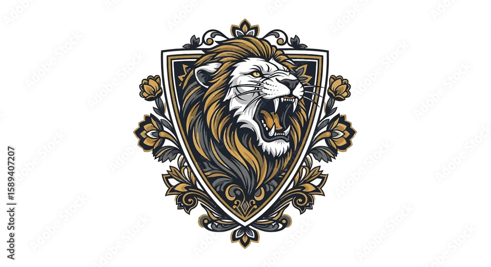 Fototapeta premium Roaring Lion Head in Ornate Shield with Floral Accents Illustration