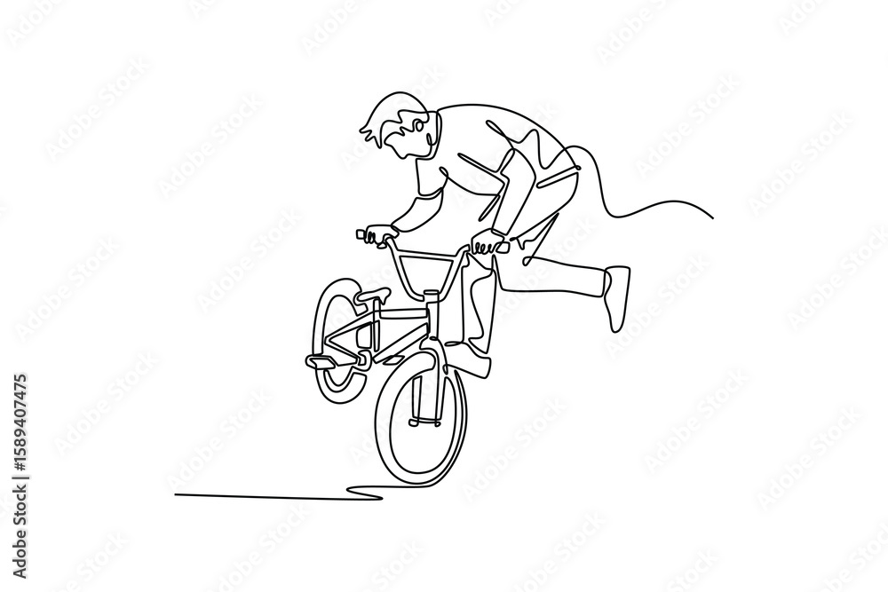 Fototapeta premium Continuous one line drawing bmx rider making reverse wheelie on skate park. Professional bike rider balancing on wheel in street ramp park outdoors. Single line draw design vector graphic illustration