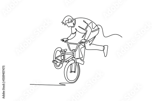 Continuous one line drawing bmx rider making reverse wheelie on skate park. Professional bike rider balancing on wheel in street ramp park outdoors. Single line draw design vector graphic illustration