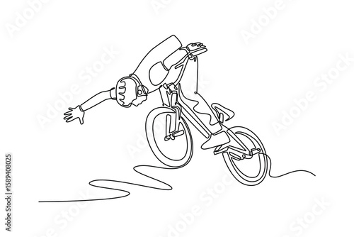 Continuous one line drawing BMX bicycle rider flying and performing stunt no hand in quarter pipe. Active BMX freestyler athlete doing aerial trick. Single line draw design vector graphic illustration