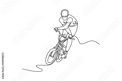 Continuous one line drawing professional bmx rider doing tricks on ramp in skate park. Extreme sports, freestyle, the concept of outdoor activity. Single line draw design vector graphic illustration
