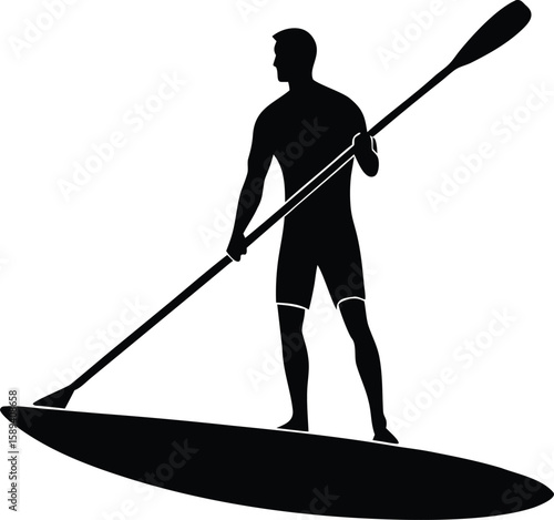 Paddle Boarding Silhouette Vector Flat Design Illustration for Clipart, Water Sport