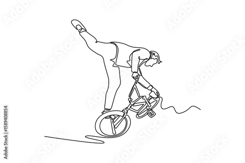 Single continuous line drawing young male doing stunts on bike in the city skatepark. Street rider shows freestyle on bike and makes dangerous moves. One line draw graphic design vector illustration