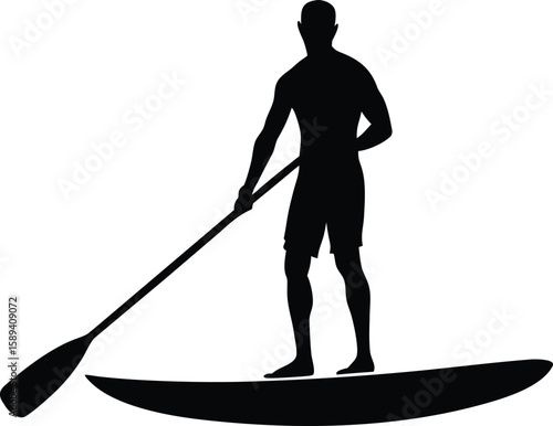 Paddle Boarding Silhouette Vector Flat Design Illustration for Clipart, Water Sport