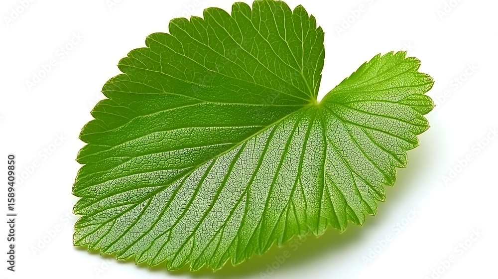 Fototapeta premium Close-up of single leaf showing sharp edge details and textured surface, captured with 100mm macro lens on seamless white backdrop with gentle shadowing