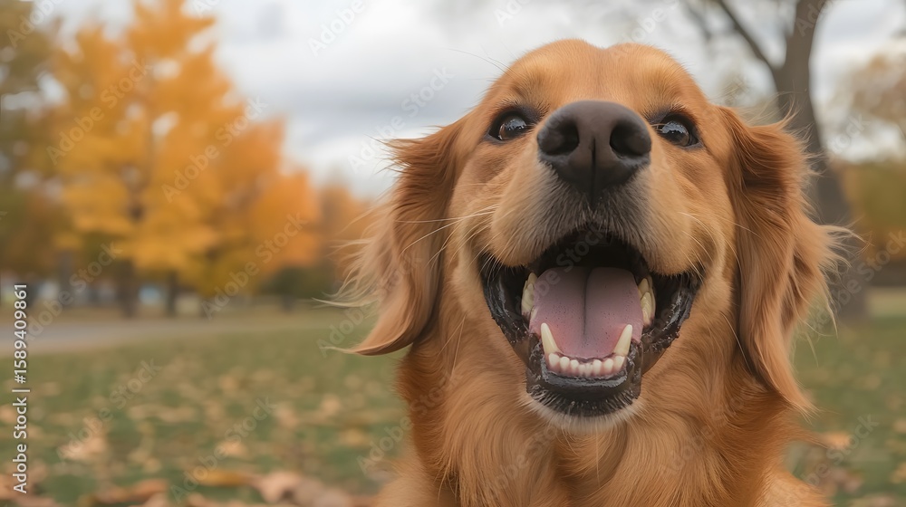 Fototapeta premium Happy Golden Retriever Dog in Autumn Park