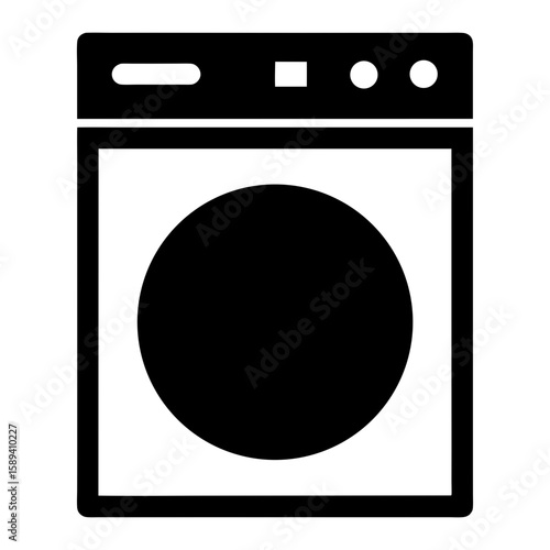 Black and white vector drawing of a front loading washing machine appliance