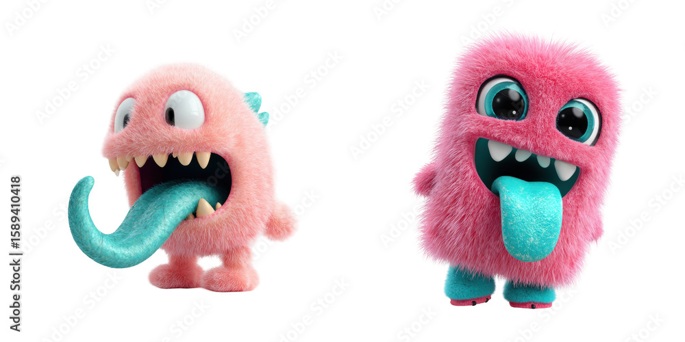 Fototapeta premium Playful Fluffy Monsters: A whimsical duo of fuzzy, pink creatures against a clean white background for imaginative designs