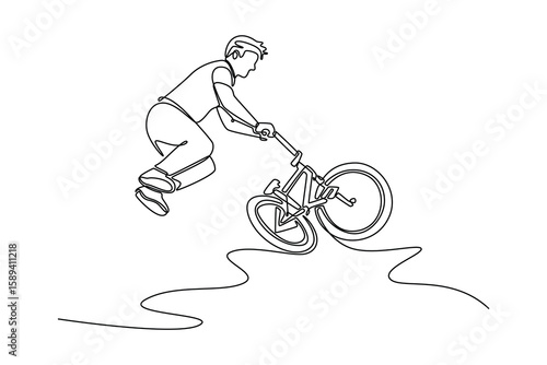Single one line drawing young rider on a BMX bike does tricks in the air. Attractive BMX freestyle in skate park or street ramp outdoors. Modern continuous line draw design graphic vector illustration