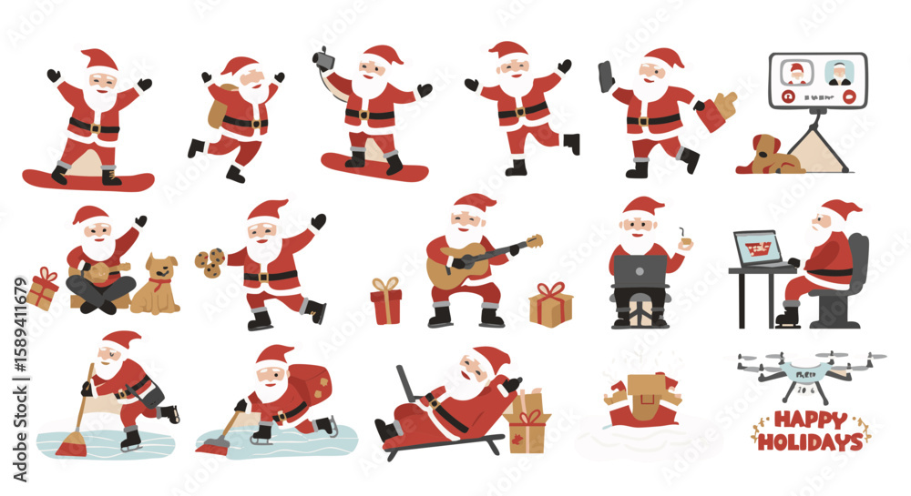 Fototapeta premium Santa Claus in modern actions flat icons red terracotta white