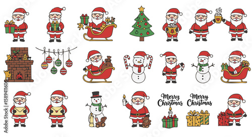 Santa Claus with Christmas objects outline style red white gold