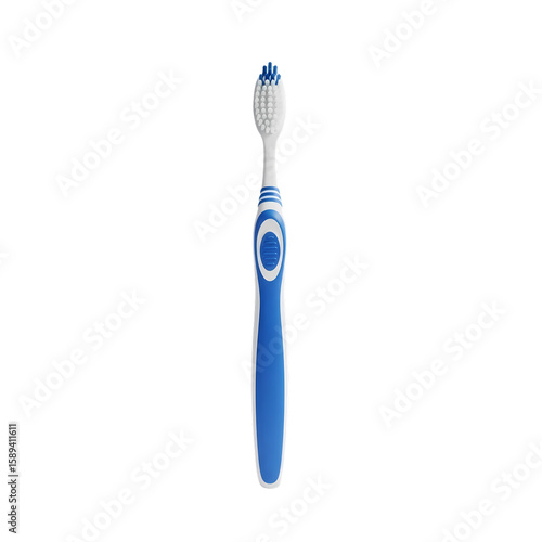 A blue and white toothbrush stands upright, bristles facing up, against a plain white background, ready for oral hygiene.