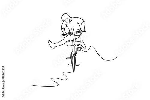 Single one line drawing fit BMX bicycle rider jumping over quarter pipe. Skilled BMX freestyler athlete doing aerial trick in street ramp park. Continuous line draw design graphic vector illustration