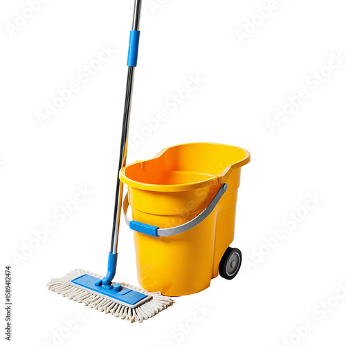A Bright Yellow Mop Bucket With A Mop Leans Against It Isolated On A Stark Black Backdrop