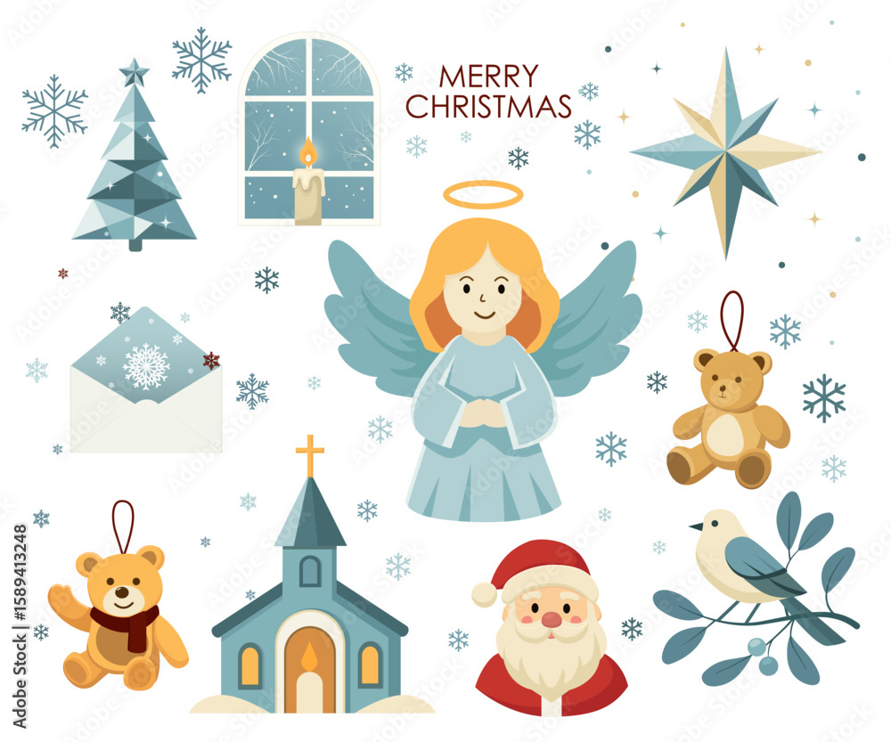 Fototapeta premium simple flat set of xmas decor elements in minimalistic style. vector flat group with christmas details