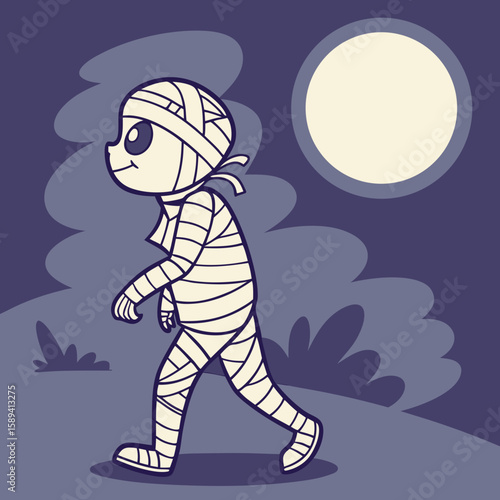 Cartoon mummy character walking under the moonlight in the landscape  