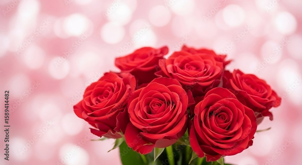 Obraz premium A vibrant bouquet of six lush red roses with tightly furled petals, set against a dreamy, soft pink background with shimmering bokeh lights, perfect for expressing love.