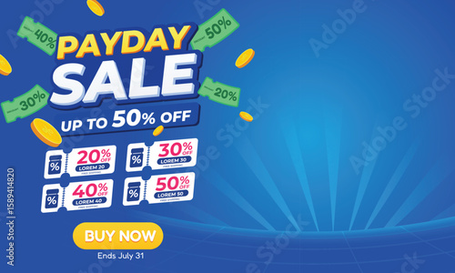 Payday Mega Sale Banner with Discount Coupons and Coins
