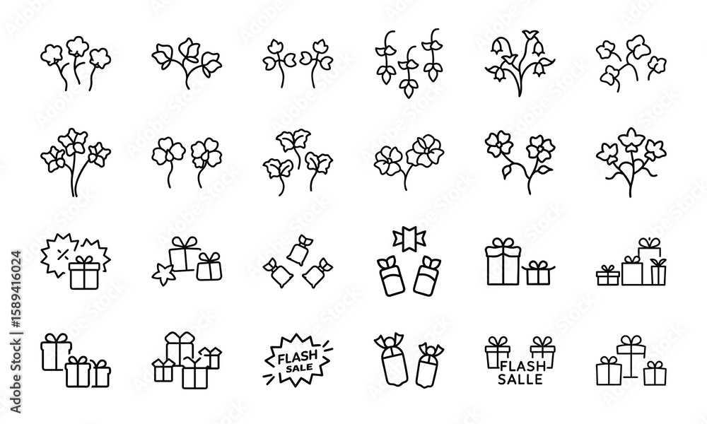 Fototapeta premium Hand Drawn Gift Box and Celebration Icon Set – Minimal Line Art Style Present, Gift Giving, Flower and Star Icons for Holiday, Birthday, Loyalty Reward, Surprise and Festive Occasions