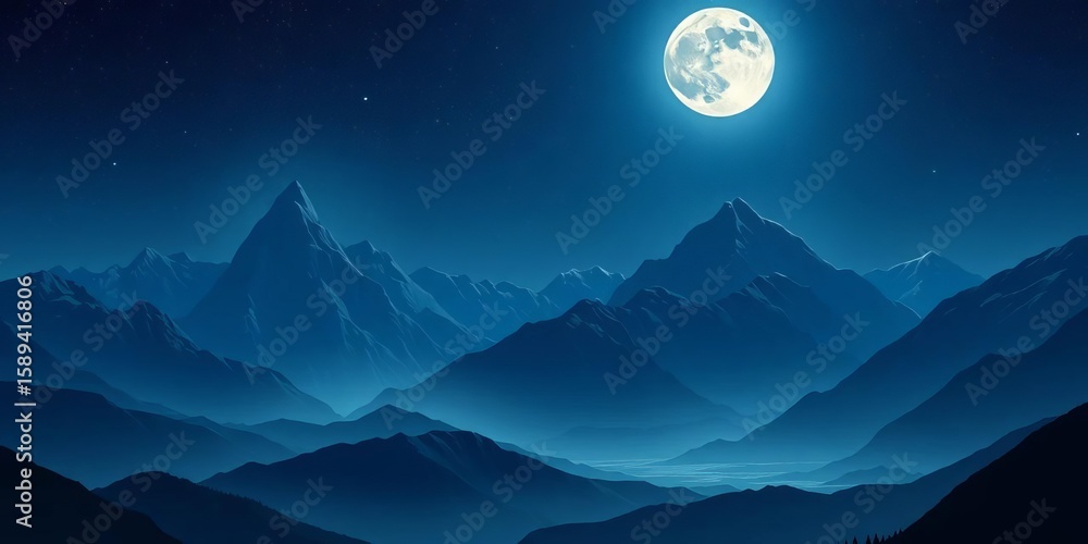 Obraz premium Ethereal moonlit landscapes, majestic mountains under starry skies, dreamy nighttime scenes High-resolution vector illustrations, calm, peaceful