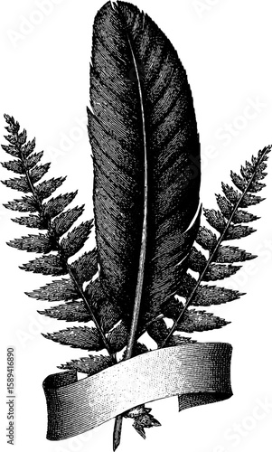 Vintage engraved banner with feather and fern design for retro projects