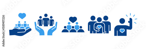 Community Service Icon Set Multiple Style Collection, Containing design Social Care, Community Support, Community Heart, Giving, Volunteer