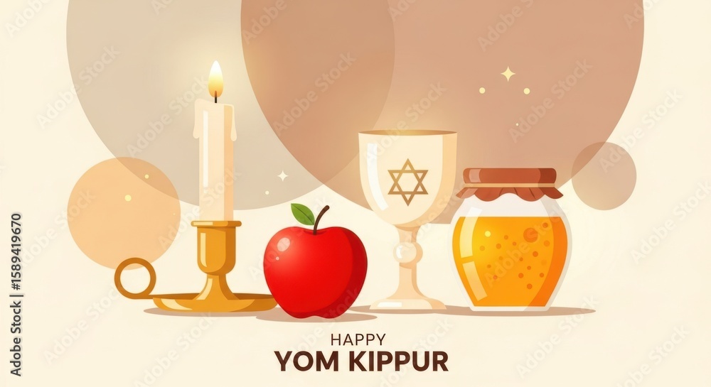 Naklejka premium Illustration of yom kippur with candle apple honey jar and goblet against a light background