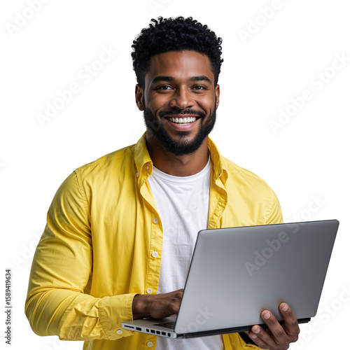 Cheerful Young Dark-Skinned Man Holding Laptop and Smiling on Isolated transparent background