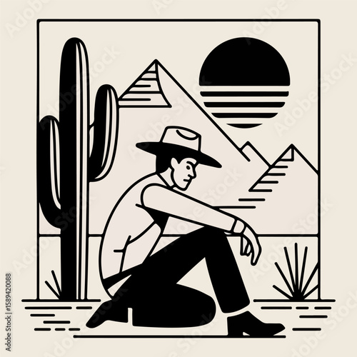 Minimal cowboy silhouette sitting in desert scenery.