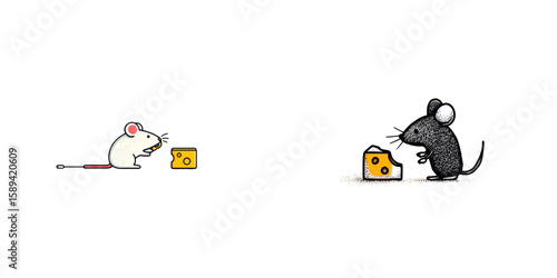 Cartoon Illustration Featuring a White and a Grey Mouse Contemplating Separate Pieces of Cheese
