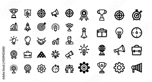 Business Success Line Icon Set – Thin Linear Vector Pictograms of Trophy Award, Bullseye Target, Business Deal, Startup, Briefcase, Innovation Idea, Time Management, and Marketing Strategy