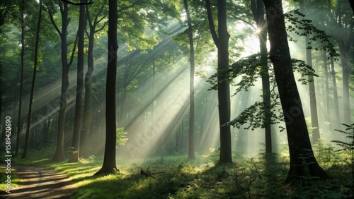 Sunbeams in Misty Forest Landscape Photography, Crepuscular Rays, Path, Trees, Nature crepuscular rays, forest photography
