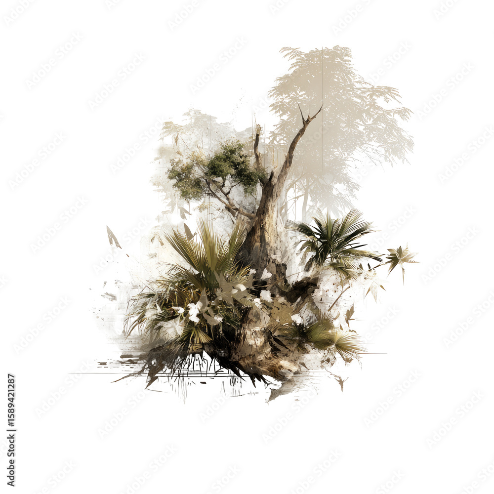 Naklejka premium Abstract landscape painting of a tree and foliage