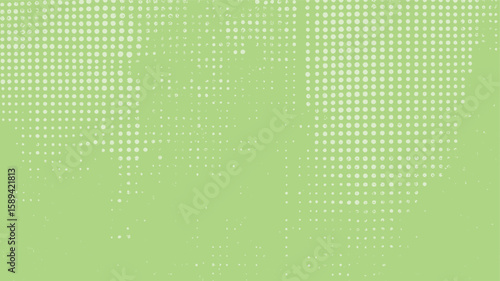 Green halftone dot texture background. Grunge retro comic pattern backdrop. Soft pop art raster vintage abstract layout.