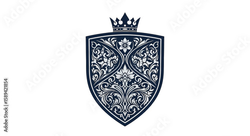Ornate Dark Blue Shield with Silver Floral Crest and Crown