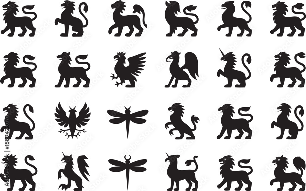 Fototapeta premium Heraldic Griffin Silhouette with Wings Spread on White Background mythical creature