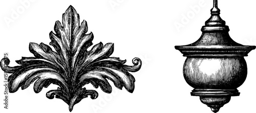 Ornamental biloba and decorative elements set for vintage design projects